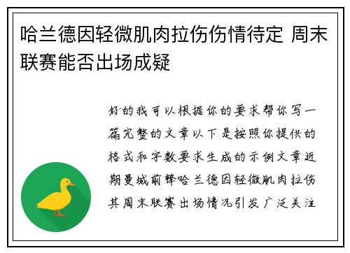 哈兰德因轻微肌肉拉伤伤情待定 周末联赛能否出场成疑